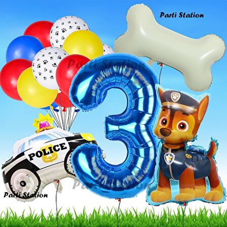 Paw Patrol Chase Polis Köpek Konsept 3 Yaş Doğum Günü Parti Balon Set Paw Patrol Kemik Balon Set