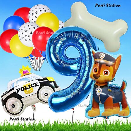 Paw Patrol Chase Polis Köpek Konsept 9 Yaş Doğum Günü Parti Balon Set Paw Patrol Kemik Balon Set