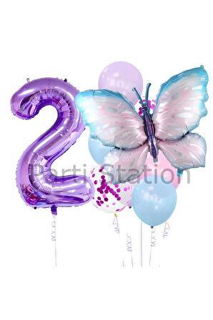 Mavi Pembe  Kelebek 7 Yaş Mor Rakam Balon Set Kelebek Konsept Doğum Günü Balon Set