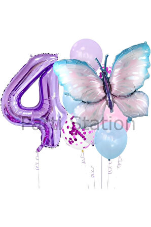 Mavi Pembe  Kelebek 7 Yaş Mor Rakam Balon Set Kelebek Konsept Doğum Günü Balon Set