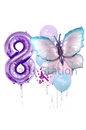 Mavi Pembe  Kelebek 7 Yaş Mor Rakam Balon Set Kelebek Konsept Doğum Günü Balon Set
