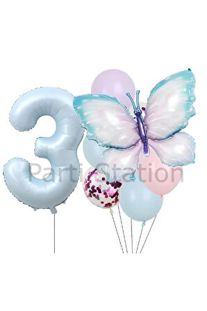Pembe Mavi Kelebek 3 Yaş Balon Set Kelebek Konsept Doğum Günü Balon Balon Set