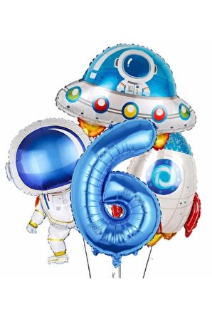 Uzay Astronot Uzay Gemisi Roket 6 Yaş Balon Set Uzay Astronot Konsept Doğum Günü Set
