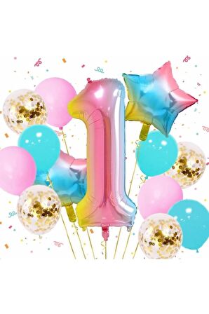 Gökkuşağı Rengarenk 1 Yaş Balon Set Yıldız Balon Folyo Set Konsept Doğum Günü Set Yaş Balon Set