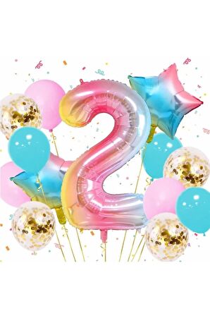 Gökkuşağı Rengarenk 2 Yaş Balon Set Yıldız Balon Folyo Set Konsept Doğum Günü Set Yaş Balon Set