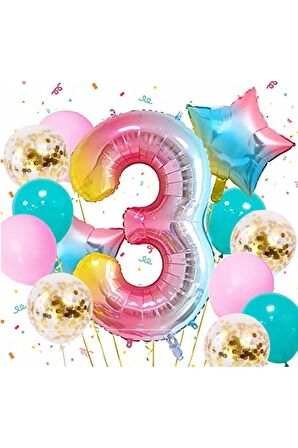 Gökkuşağı Rengarenk 3 Yaş Balon Set Yıldız Balon Folyo Set Konsept Doğum Günü Set Yaş Balon Set