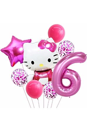 Hello Kitty 6 Yaş Balon Set Yıldız Balon Folyo Set Konsept Doğum Günü Set Yaş Balon Set