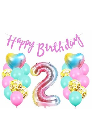 Happy Birthday Rengarenk 2 Yaş Balon Set Yıldız Balon Folyo Set Konsept Doğum Günü Set Yaş Balon Set