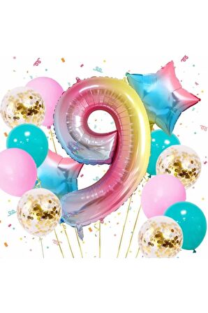Gökkuşağı Rengarenk 9 Yaş Balon Set Yıldız Balon Folyo Set Konsept Doğum Günü Set Yaş Balon Set
