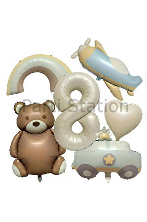 Retro Ayıcık Uçak Polis Arabası Gökkuşağı Konsept 1 Yaş Balon Set Retro Konsept Doğum Günü Balon Set