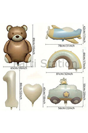 Retro Ayıcık Uçak Polis Arabası Gökkuşağı Konsept 1 Yaş Balon Set Retro Konsept Doğum Günü Balon Set