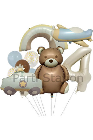 Retro Ayıcık Polis Arabası Gökkuşağı Uçak Konsept 4 Yaş Balon Set Retro Konsept Doğum Günü Balon Set