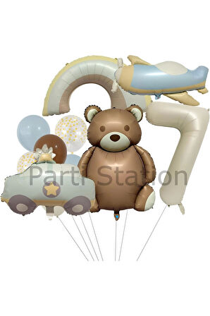 Retro Ayıcık Polis Arabası Gökkuşağı Uçak Konsept 4 Yaş Balon Set Retro Konsept Doğum Günü Balon Set