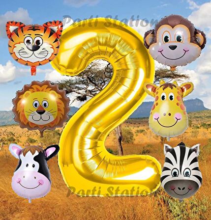 Altın Renk Rakam Balonlu Safari 2 Yaş Doğum Günü Parti Balon Set Safari Hayvanlar Tema Parti Set