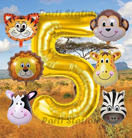 Altın Renk Rakam Balonlu Safari 5 Yaş Doğum Günü Parti Balon Set Safari Hayvanlar Tema Parti Set