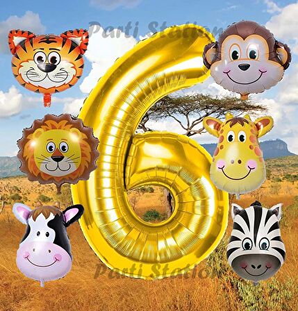 Altın Renk Rakam Balonlu Safari 6 Yaş Doğum Günü Parti Balon Set Safari Hayvanlar Tema Parti Set