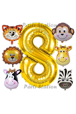 Altın Renk Rakam Balonlu Safari 6 Yaş Doğum Günü Parti Balon Set Safari Hayvanlar Tema Parti Set