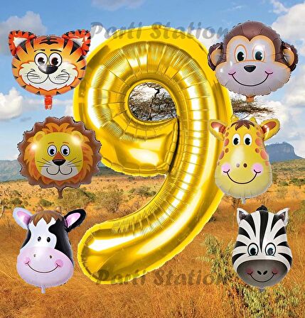 Altın Renk Rakam Balonlu Safari 9 Yaş Doğum Günü Parti Balon Set Safari Hayvanlar Tema Parti Set