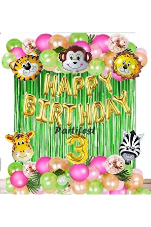 Kız Safari Hayvanlar 3 Yaş Balon Set Pembe Safari Konsept Helyum Balon Set Safari Doğum Günü Set