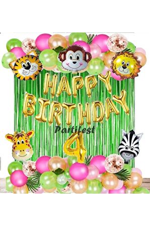 Kız Safari Hayvanlar 4 Yaş Balon Set Pembe Safari Konsept Helyum Balon Set Safari Doğum Günü Set