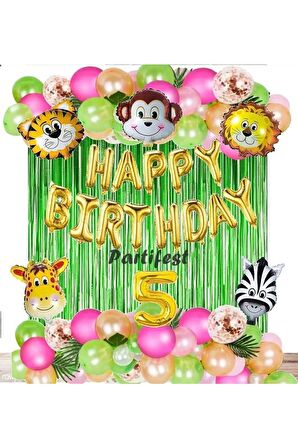 Kız Safari Hayvanlar 5 Yaş Balon Set Pembe Safari Konsept Helyum Balon Set Safari Doğum Günü Set