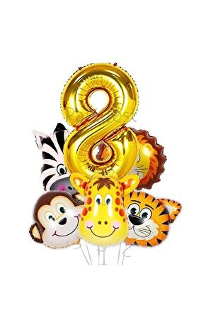 Safari Hayvanlar 8 Yaş Balon Set Safari Büyük Kafa Balon Folyo Balon Set Konsept Doğum Günü Set