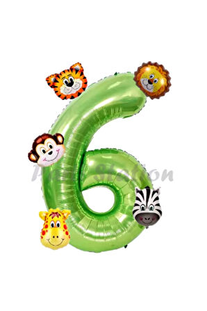Safari Hayvanlar 6'lı Balon Set 5 Yaş Doğum Günü Balon Set Safari Konsept ve Yeşil Rakam Balon