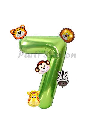 Safari Hayvanlar 6'lı Balon Set 5 Yaş Doğum Günü Balon Set Safari Konsept ve Yeşil Rakam Balon