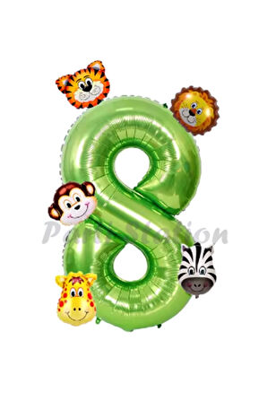 Safari Hayvanlar 6'lı Balon Set 5 Yaş Doğum Günü Balon Set Safari Konsept ve Yeşil Rakam Balon