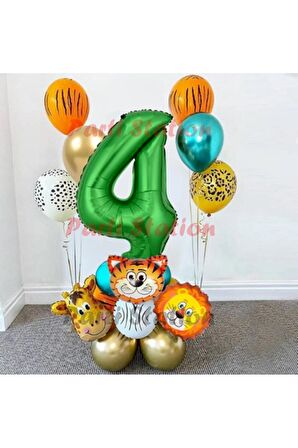 Safari Parti Balon Seti 4 Yaş Safari Jungle Konsept Doğum Günü Balon Karşılama Set Yeşil Rakam Balon