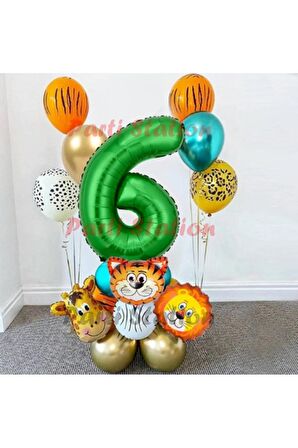 Safari Parti Balon Seti 6 Yaş Safari Jungle Konsept Doğum Günü Balon Karşılama Set Yeşil Rakam Balon