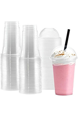 Plastik Şeffaf Bardak Kapaklı Milkshake Bardağı Kahve Bardağı Soğuk Içecek Bardağı 400-450ml 30 Adet