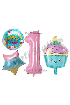 Pastane Şeker Dondurma Cupcake Konsept 7 Yaş Doğum Günü Balon Set İce Cream Tema Doğum Günü Balon