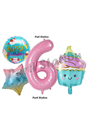 Pastane Şeker Dondurma Cupcake Konsept 7 Yaş Doğum Günü Balon Set İce Cream Tema Doğum Günü Balon
