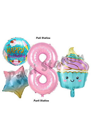 Pastane Şeker Dondurma Cupcake Konsept 7 Yaş Doğum Günü Balon Set İce Cream Tema Doğum Günü Balon