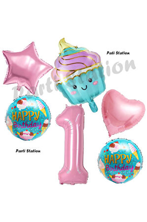 Pastane Şeker Cupcake Konsept 5 Yaş Doğum Günü Balon Set İce Cream Tema Doğum Günü Balon