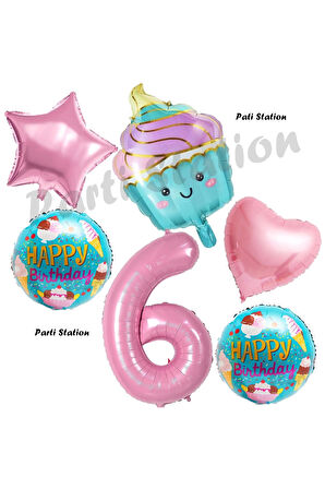 Pastane Şeker Cupcake Konsept 6 Yaş Doğum Günü Balon Set İce Cream Tema Doğum Günü Balon