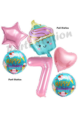 Pastane Şeker Cupcake Konsept 5 Yaş Doğum Günü Balon Set İce Cream Tema Doğum Günü Balon