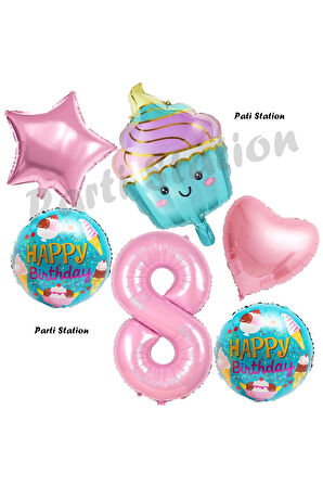 Pastane Şeker Cupcake Konsept 5 Yaş Doğum Günü Balon Set İce Cream Tema Doğum Günü Balon