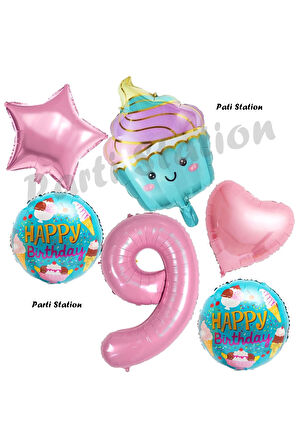Pastane Şeker Cupcake Konsept 5 Yaş Doğum Günü Balon Set İce Cream Tema Doğum Günü Balon