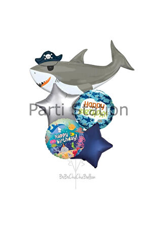 Korsan Köpek Balığı Konsept Balon Set Pirate Shark Tema Doğum Günü Folyo Balon Set