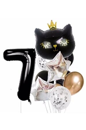 Siyah Kedi Kara Kedi 7 Yaş Balon Set Yıldız Balon Folyo Set Siyah Kedi Konsept Doğum Günü Set