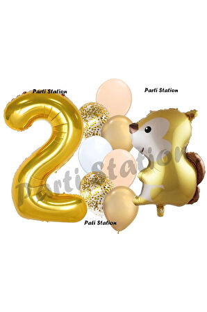 Woodland Sincap Balon 6 Yaş Balon Set Sincap Balon ve Gold Rakam Balon Demeti Doğum Günü Seti