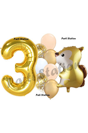 Woodland Sincap Balon 6 Yaş Balon Set Sincap Balon ve Gold Rakam Balon Demeti Doğum Günü Seti