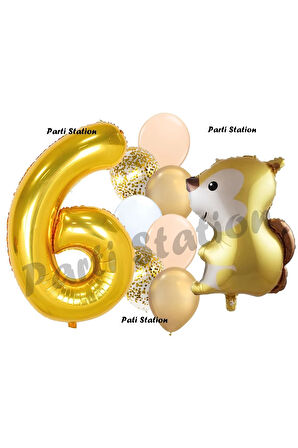 Woodland Sincap Balon 6 Yaş Balon Set Sincap Balon ve Gold Rakam Balon Demeti Doğum Günü Seti