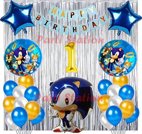 Lacivert Tilki Sonic Boom Konsept 1 Yaş Balon Set Sonic Tema Doğum Günü Arka Fon Süsleme Balonlu Set