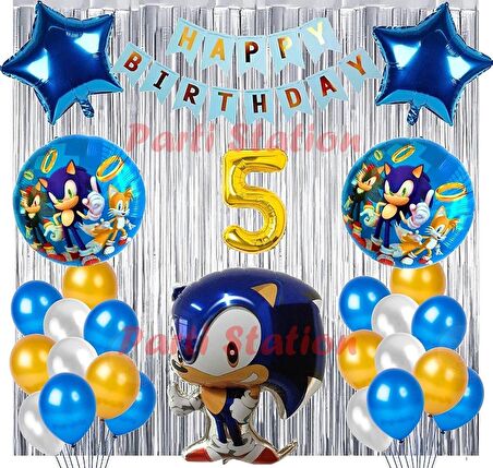 Lacivert Tilki Sonic Boom Konsept 5 Yaş Balon Set Sonic Tema Doğum Günü Arka Fon Süsleme Balonlu Set