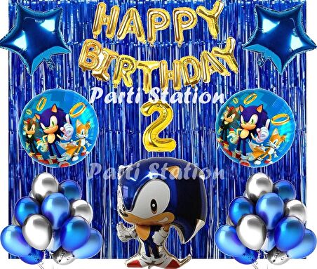 Lacivert Tilki Sonic Boom Konsept 2 Yaş Balon Set Sonic Tema Doğum Günü Arka Fon Süsleme Balonlu Set