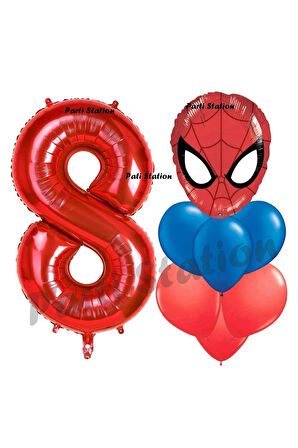 Örümcek Adam 8 Yaş Balon ve Kırmızı Rakam Balon Doğum Günü Parti Set Spiderman Lacivert Balon set