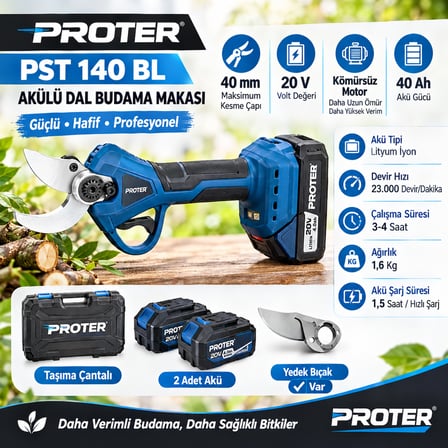 Proter PST 140 BL Akülü Dal Budama Makası 35mm 20V 40Ah